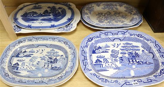 A group of Staffordshire blue and white pottery meat platters longest 53.5cm